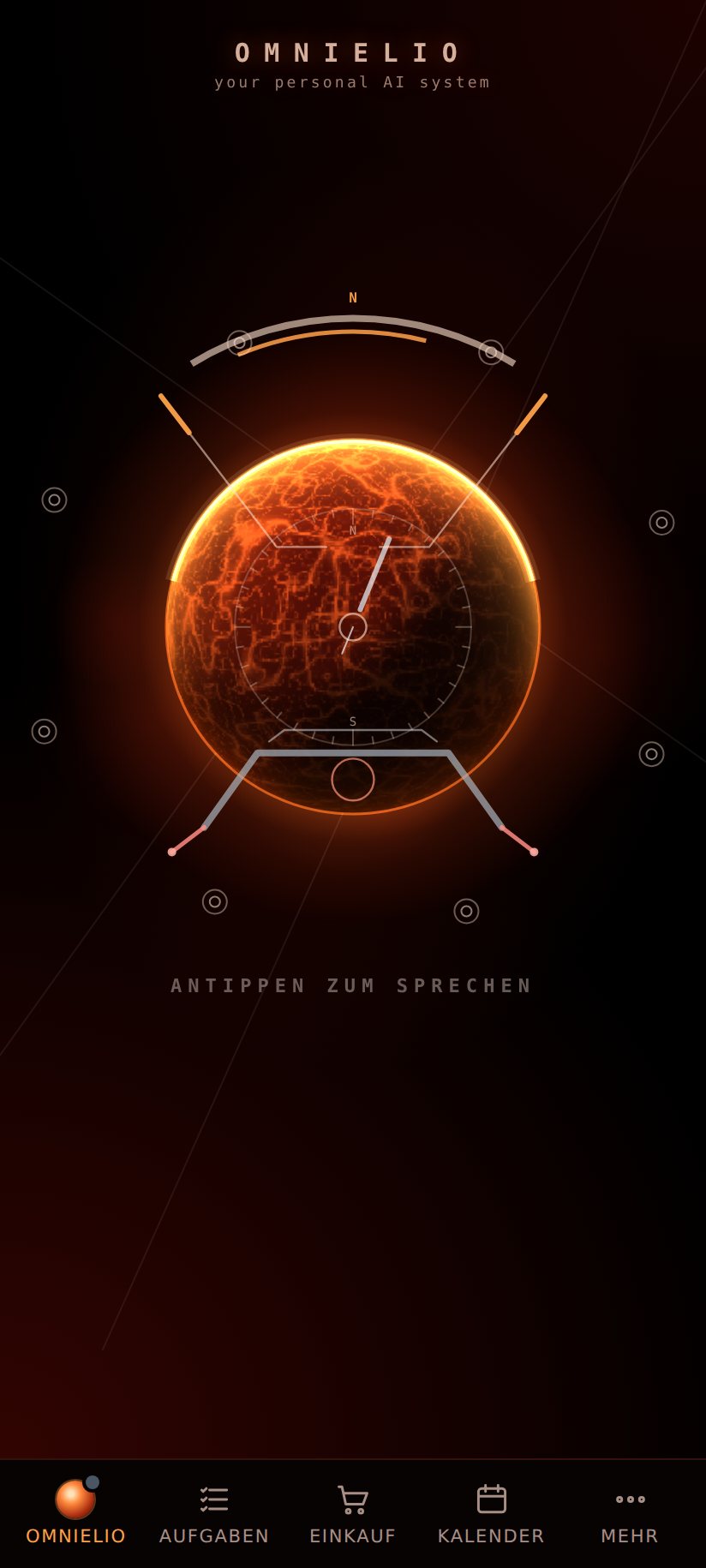 Die App am Handy: oben der Name, in der Mitte die Lava-Kugel zum Antippen, unten die Leiste mit Aufgaben, Einkauf, Kalender und mehr